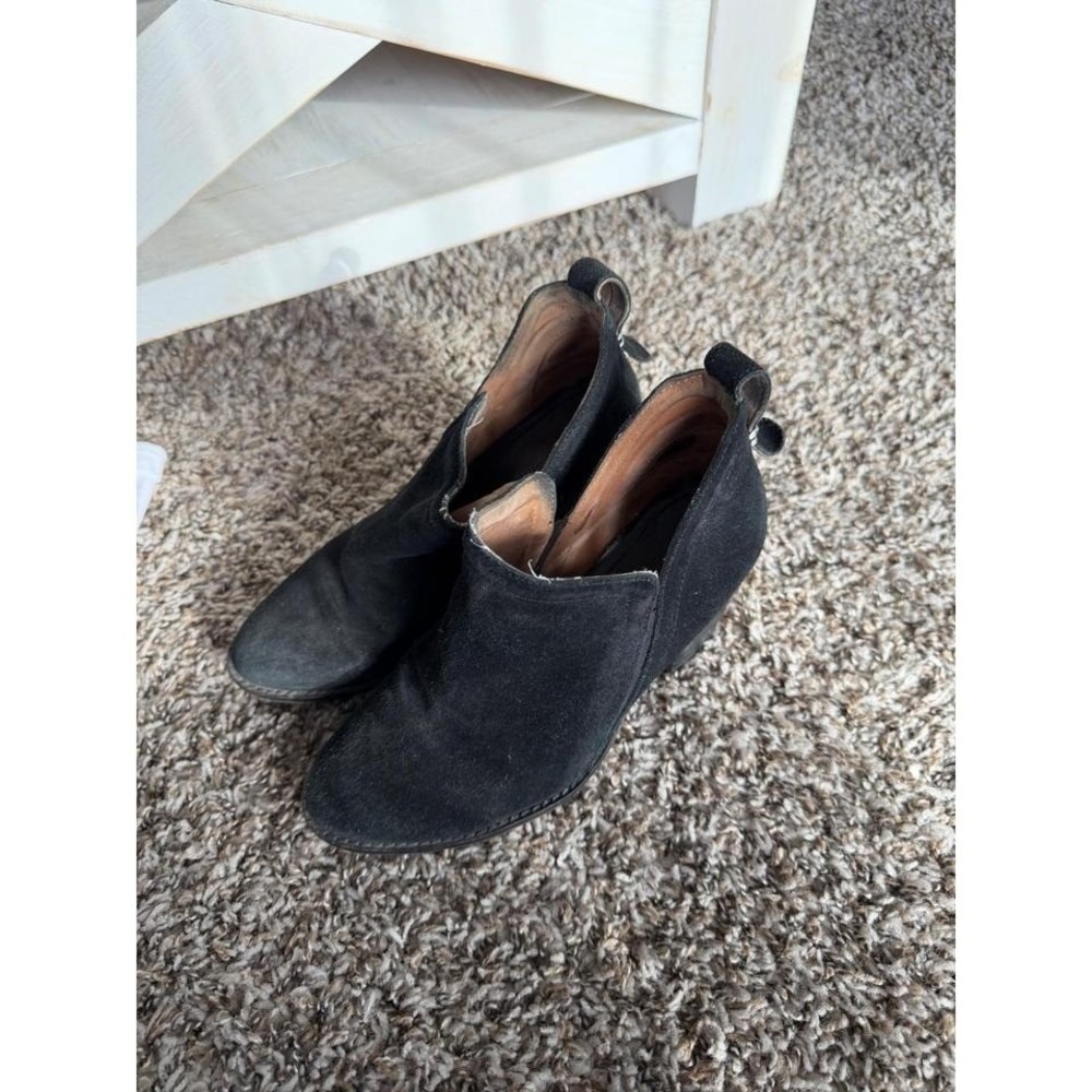 Jeffrey Campbell Black Suede Cutout Ankle Booties Stacked Block Heel Boots